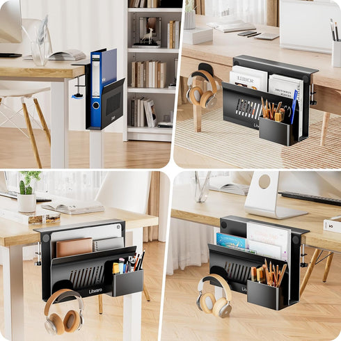 Litwaro Desk Side Storage Organizer, Under Desk Laptop Holder Clamp on Shelf, No Drill Laptop Desk Mount with Magnetic