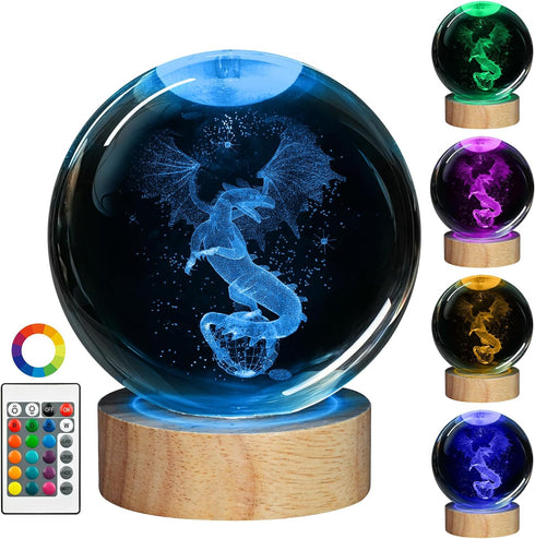 Vuebkkry 3D 16 3.15in Dragon Crystal Ball Night Light with Colors, Larger Dragon Statue Figurines Glass Decor Lamp
