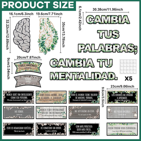gisgfim 34 Pcs Spanish Bulletin Board Eucalyptus Classroom Growth Mindset Posters for Teacher Students