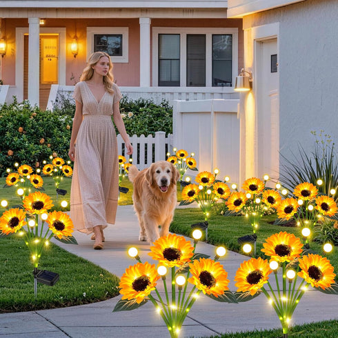 4 Pack Solar Sunflower Lights Outdoor Garden Decor, Upgraded with Firefly Lights, Waterproof Solar Flower Stake