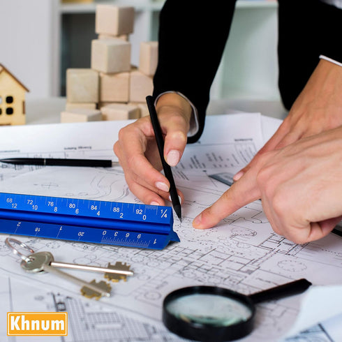 Khnum 12-Inch Set Architectural and Engineering Scale Ruler (Imperial) | Laser-Etched Aluminum Triangular Drafting Tool