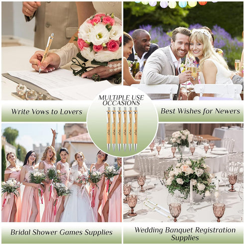 Bridal Shower Bamboo Retractable Ballpoint Pens, Wedding Favors Bulk, Black Ink Wooden Guest Book Pens for Bridal