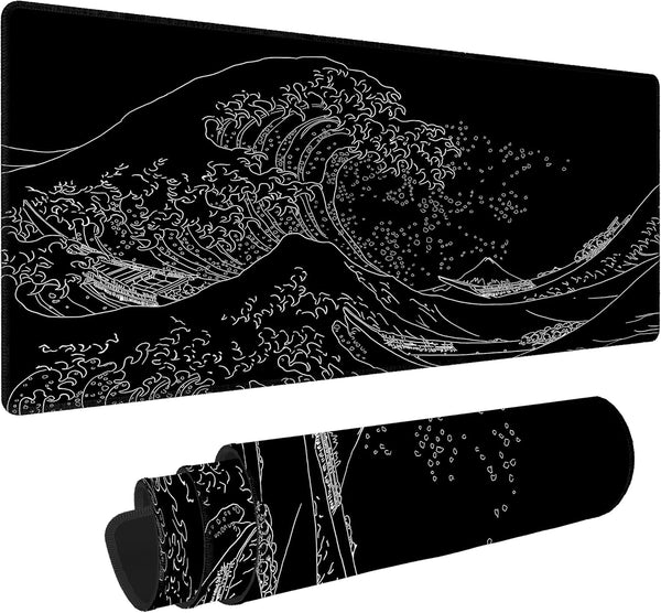 Japanese Sea Wave Extended Big Mouse Pad, XL Gaming Desk Pad 31.5x11.8inch, Non-Slip Base and Stitched Edge for Home