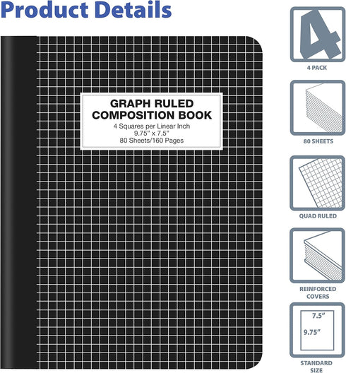 Better Office Products Quad Ruled Composition Book Notebook, 4 Pack, 80 Sheets, 4x4 Graph Ruled Paper, 9.75" x 7.5",