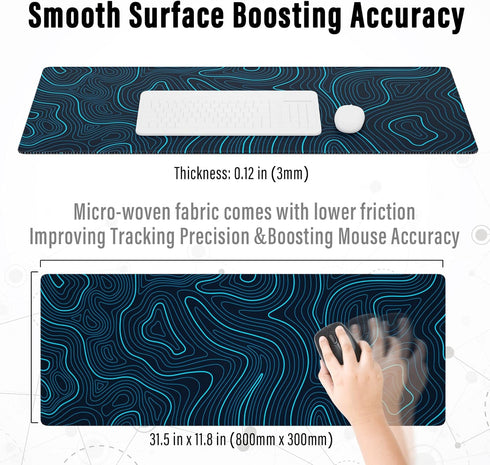 Ovenbird Gaming Mouse Pad, Topographic Map Blue, Extended XL with Anti-Slip Base, 31.5 x 11.8 in, Cool Large Mouse Pad