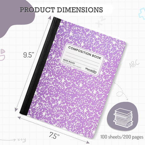 Wide Ruled Composition Notebook, Durable Marble Covers, 100 Sheets/200 Pages, 9-3/4" x 7-1/2" - Assorted Colors (2 Pack)