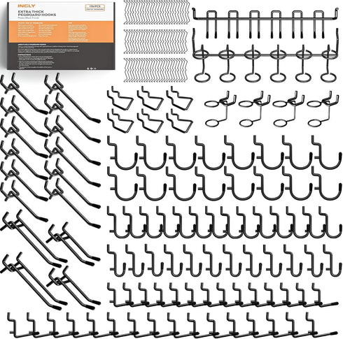INCLY 176PCS Extra Thick Black Pegboard Hooks Set, Heavy Duty Metal Peg Board Hook Assortment