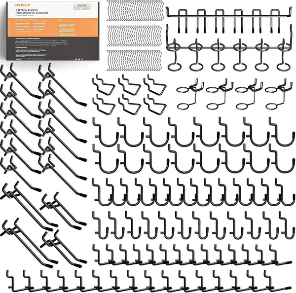 INCLY 176PCS Extra Thick Black Pegboard Hooks Set, Heavy Duty Metal Peg Board Hook Assortment
