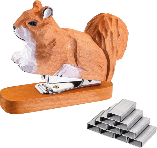Yoption Wooden Animal Stapler, Squirrel Desktop Stitcher, Handmade with 1000 Staples Included