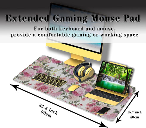 Pink Desk Mat Mouse Pad for Women - Extra Large 35.4" x 15.7" Non-Slip Rubber Base for Game Office, Roses Wreath