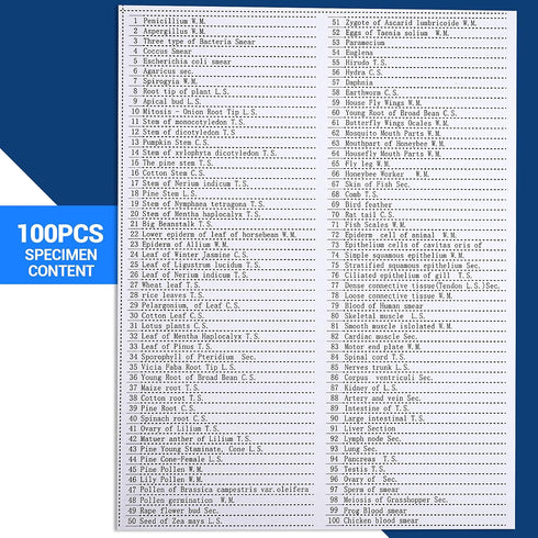 100 Prepared Microscope Slides with Specimens for Kids Adults - Biological Science Lab Samples for School Students