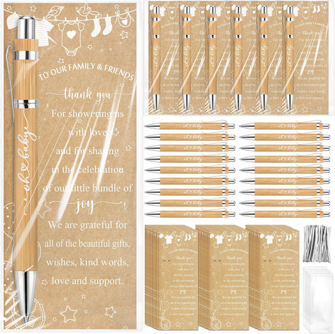 Rustic 50 Set Baby Shower Pens Favors, Include 50 Bamboo Ballpoint Pens and 50 Thank You Cards for Guests