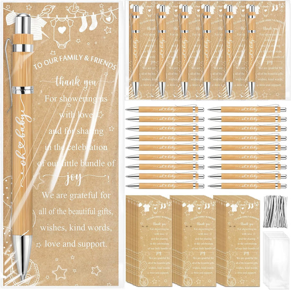 Rustic 50 Set Baby Shower Pens Favors, Include 50 Bamboo Ballpoint Pens and 50 Thank You Cards for Guests