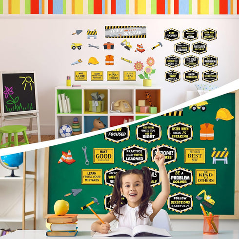 PerKoop 76 Pcs Construction Bulletin Board Set, Classroom Decor Tools for Success with Positive Saying Accents
