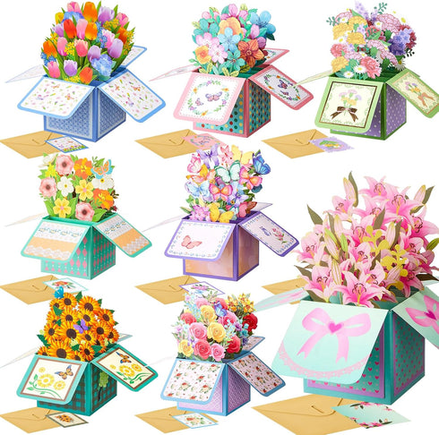 Trandraft 8 Sets 3D Flower Pop Up Cards Mother's Day Pop Up Flower