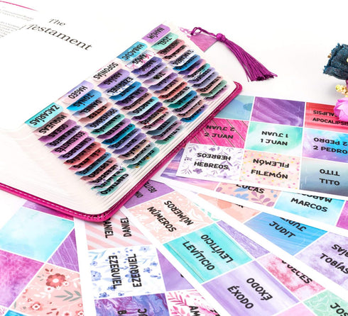 Spanish Bible Tabs for Women - Laminated Purple Catholic Spanish Bible Indexing Tabs, Large Print, 90 Tabs Total