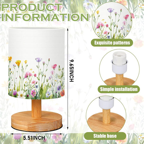 VIHOSE Wild Flower Kids Table Lamp for Bedroom Kids Bedside Lamp with Linen Wooden Nightstand Cartoon Nursery Lampshade