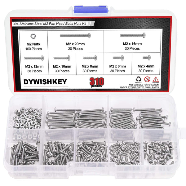 DYWISHKEY 310 Pieces M2 Stainless Steel Phillips Pan Head Cap Bolts Screws Nuts Kit