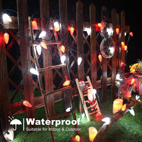 33ft 50 C9 Brizled Red & White Christmas Lights, LED Faceted String Lights Outdoor, Linkable Christmas Tree Light, UL