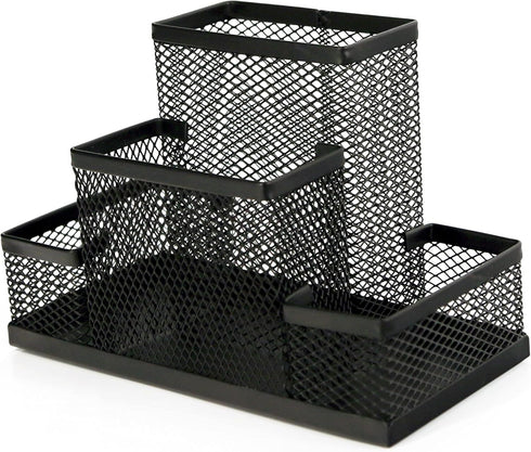 Huron Pen Holder and Desk Organizer, 4 Compartment Black Steel Mesh