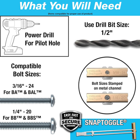 TOGGLER SNAPTOGGLE Drywall Anchor with Included Bolts, 1/4-20 Fastener Size, Holds 265 lbs Each, Pack of 12