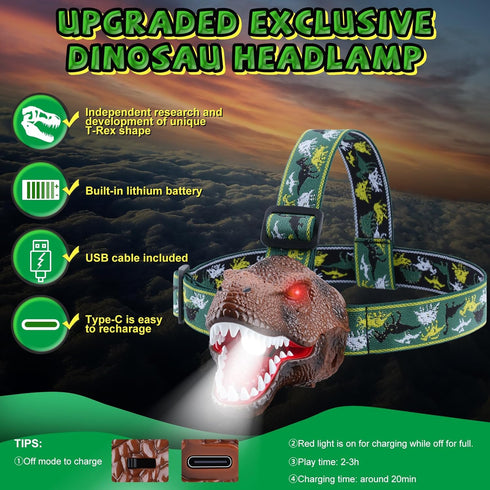 Kids Dinosaur Headlamp Flashlight - Rechargeable LED Headlights with Roar & Silent Mode, T-Rex Toys