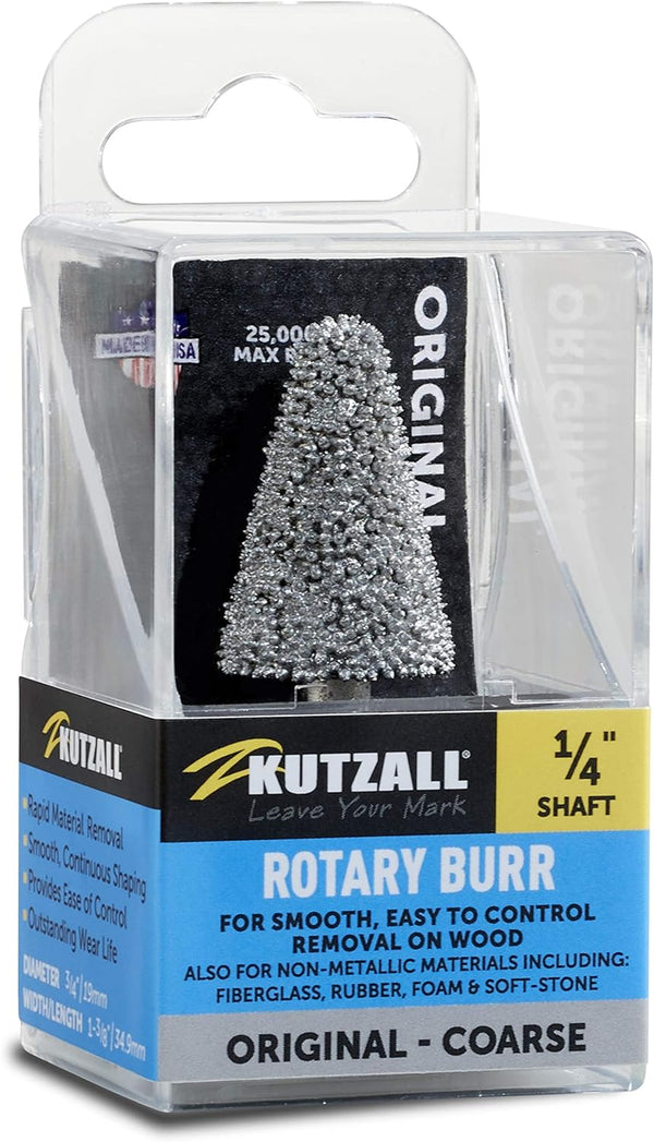 Kutzall Original Taper Burr, Coarse, 1/4" Shaft, Wood Carving Bit for Bosch, DeWalt, Milwaukee