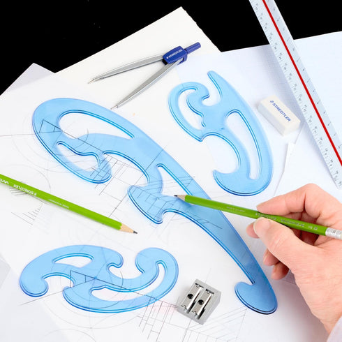 STAEDTLER Mars Professional French Curve Design Ruler Set, 3 Essential A B C Shapes, Blue Transparent Plastic