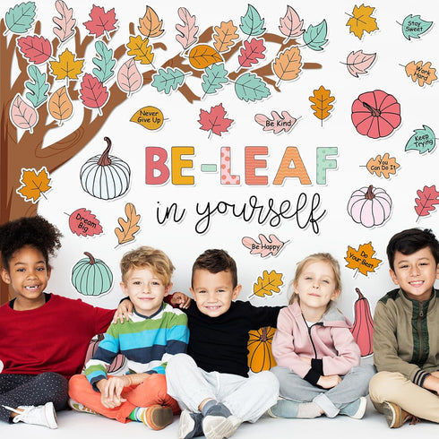 JarThenaAMCS 71Pcs Fall Tree Bulletin Board Decorations, Motivational Boho Cutouts for Classroom