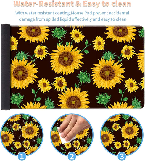 Large Gaming Mouse Pad with Stitched Edges, Non-Slip Desk Pad Protector, Cute Sunflower Yellow Decor for Home Office