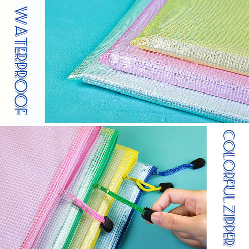 LEOBRO 4 Pack Mesh Zipper Pouch, 13.2"x 9.2" A4 Size Bags with Zipper, Plastic Envelopes for Organization & Travel