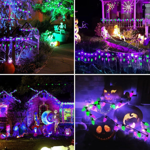 2PK 100 C9 98FT C9 13 LORRYTE Extendable Purple and Green LED Halloween Lights Indoor Outdoor Waterproof, Super Bright