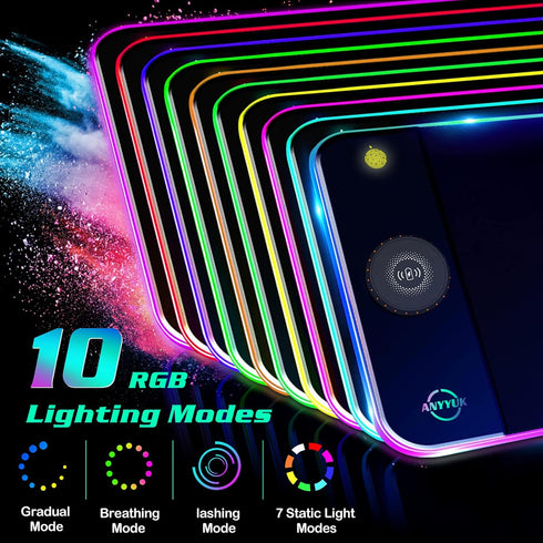 RGB LED Mouse Pad with 15W Wireless Charger, Extra Large Non-Slip Rubber Base Gaming Mousepad for PC