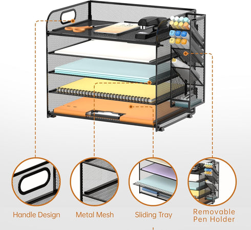 SUPEASY 5 Tier Desk Organizer, Mesh Paper/File Organizer with Handle & Removable Pen Holders for Office