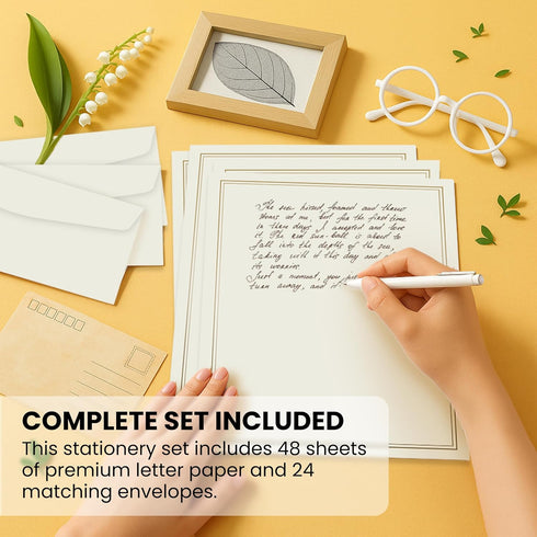 Set 48 8.5x11 Inch 24 Premium Letter Writing Stationery with Envelopes Sheets of Ecru Paper with Gold Border & Writing