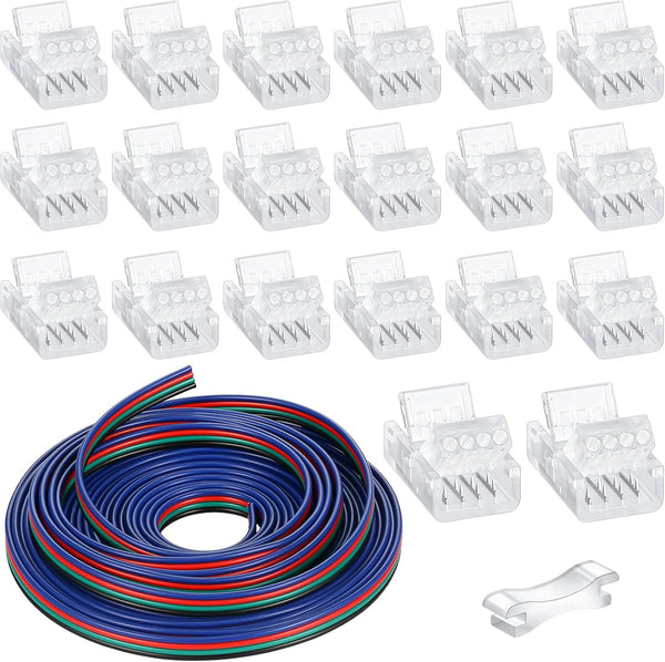 20 Pack 4 Pin 10mm Solderless LED Strip Connector, Transparent Track Lighting Connectors for 5050 LED Strip