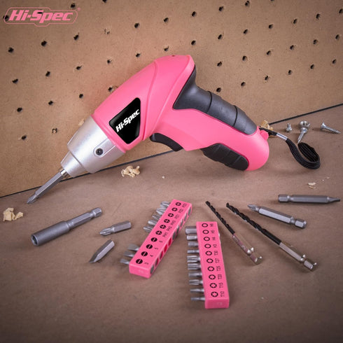 Hi-Spec Electric Screwdriver 27pc 3.6V Pink USB Small Power Screwdriver Set, Rechargeable with Driver Bit Set