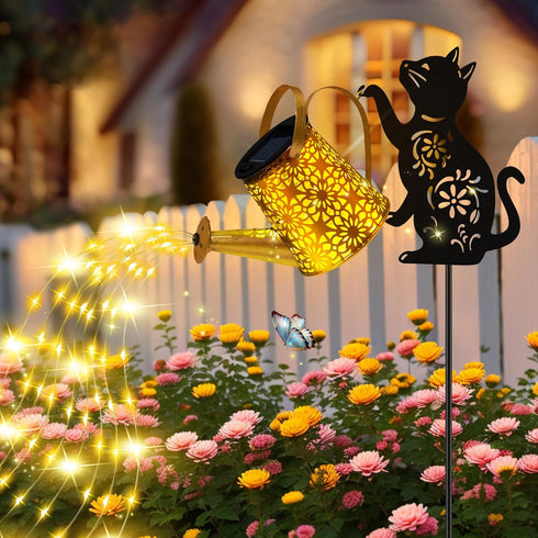Solar Lights Outdoor Decorative, Watering Can with Cascading Lights, with Cat Silhouette Garden Stakes, Gifts for Mom