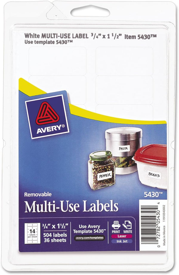 Removable Multi-Use Labels, 0.75 x 1.5, White, 14/Sheet, 36 Sheets/Pack, Inkjet/Laser Printers (5430)