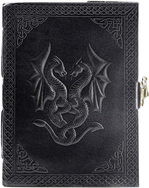 Handmade Leather Double Dragon Journal, Writing Notebook Diary for Men & Women, Unlined Paper Medium Writing Pad