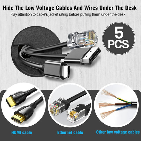 1-3/8" Black Desk Grommet, JTemgle Plastic Cable Hole Cover Computer Table Cord Wire Organizer Caps Desktop Cord Management for Home Office TV Stands Tabletops, 5 Pieces