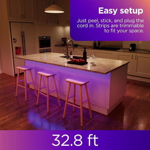32.8ft Roku Smart LED Light Strip, - Color Options with Adjustable Brightness & Temperature - Peel & Stick WiFi Smart