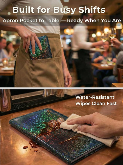 Mymazn Holographic Glitter Server Book for Waitress - Magnetic Cash Pocket & Zipper Pouch - Guest Check & Money