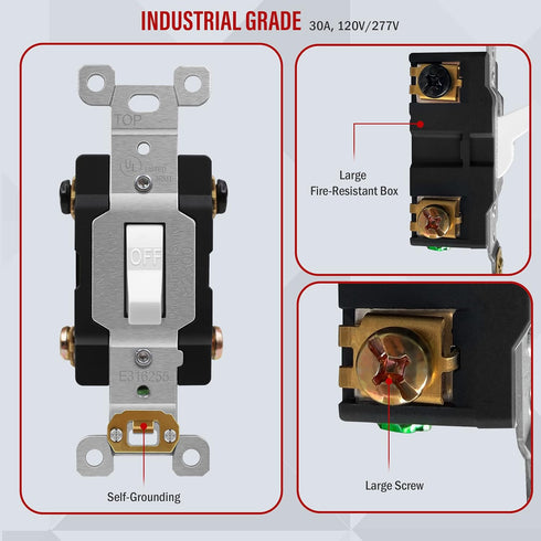 ENERLITES 30 Amp Double-Pole Toggle Light Switch, 30A 120/277V, Self-Grounding, Industrial Grade, UL Listed, White