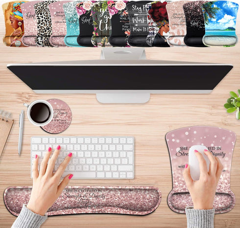 Keyboard Wrist Rest Pad and Ergonomic Mouse Pad Wrist Support Set Proverbs 31:25 Bible Verse Pink Design for Gaming, Office, Comfortable and Pain Relief with Coaster Set
