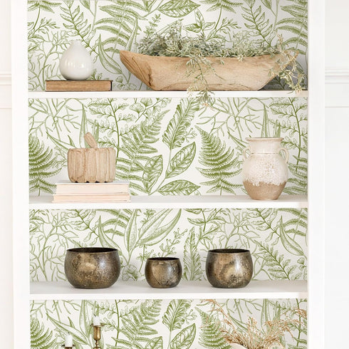 17.7''x354'' VEELIKE Vintage Green Fern Peel and Stick Wallpaper Tropical Herbs Leaf Wallpaper for Bedroom Powder Room