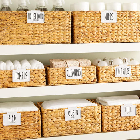 Talented Kitchen 8 Pack Metal Basket Labels Clip On Holders with 70 Household Labels for Storage Bins, Bin Clips Labels Tags for Organizing Home, Bathroom, Linen Closet (White) by Talented Kitchen