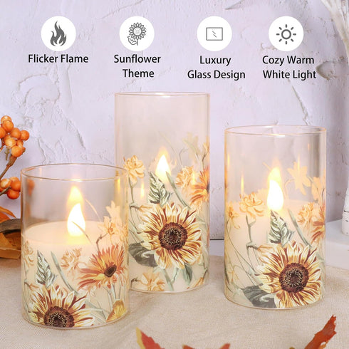 Summer Set 3 Sunflower Glass Flameless Candles Battery Operated with Remote Timer Flickering LED Pillar Candles Fall