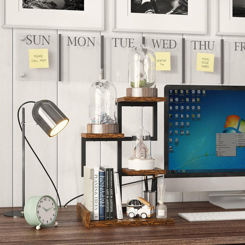 YMYNY Desktop Shelf Organizer, 4 Tier Storage Display Rack, Small Bookshelf with Metal Frame for Office, Rustic Brown
