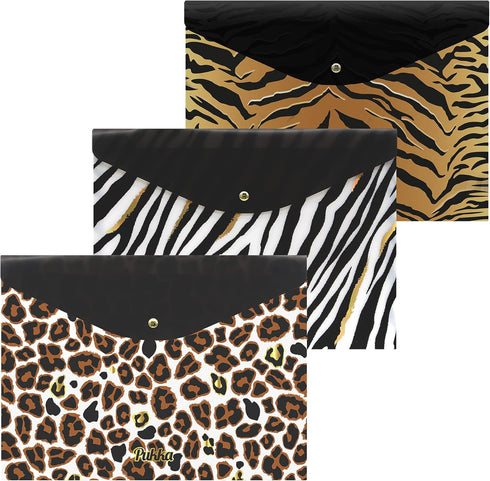 Pukka Pad Wild A4 Stud Wallets, File Storage Folder, 23.5 x 32cm, Pack of 3, Assorted Animal Print Designs